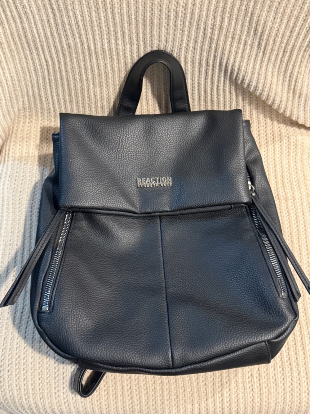 Reaction Kenneth Cole Black Pebbled Leather Backpack with Silver Zippers